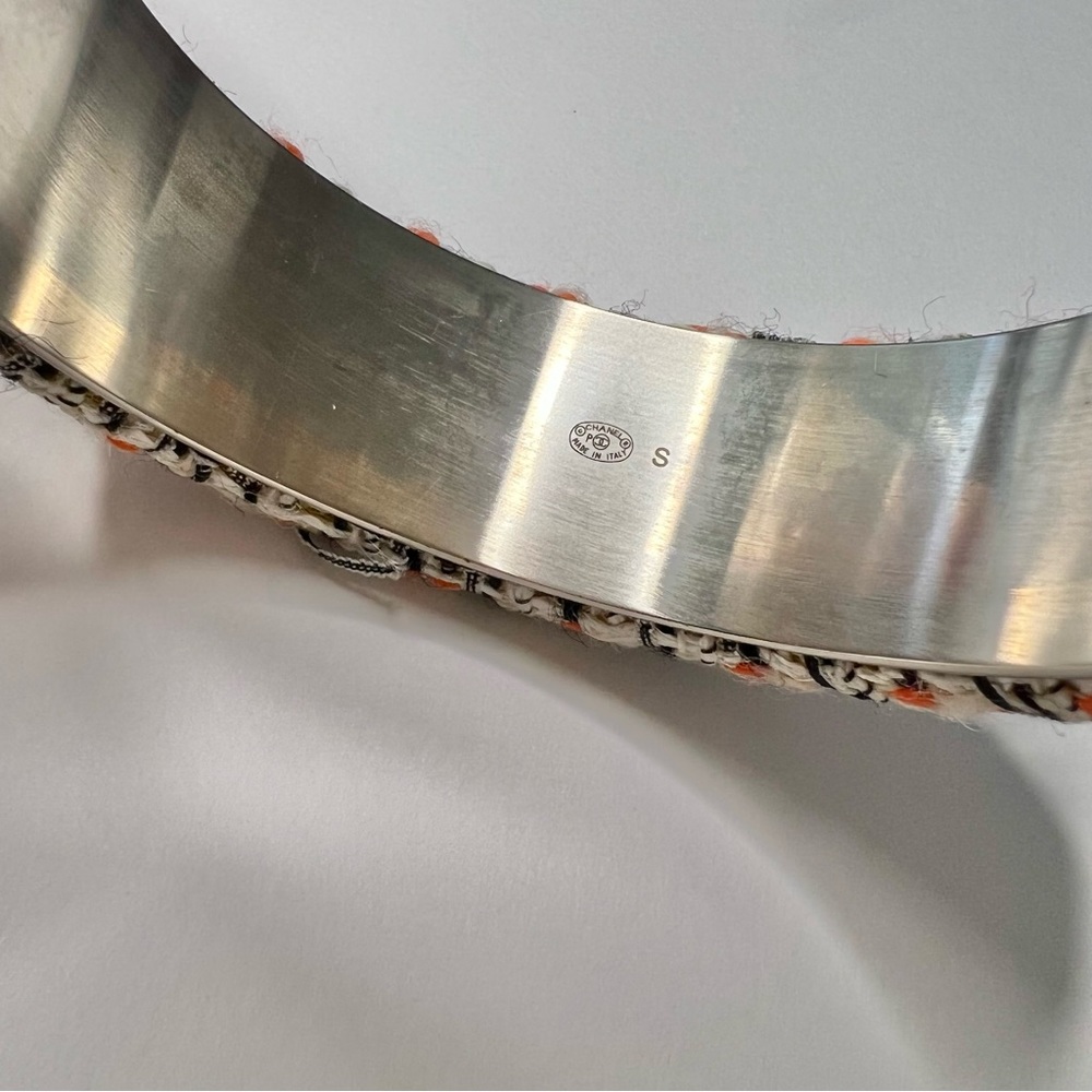 AUTH Chanel Orange Cream Tweed Bangle Bracelet Silver Metal CC Logo - Picture 7 of 11